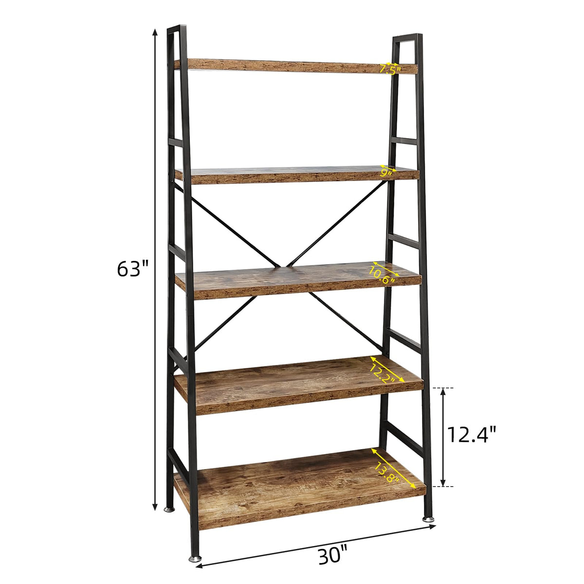 5 Tier Rustic Brown Wood and Metal Bookshelf N10044