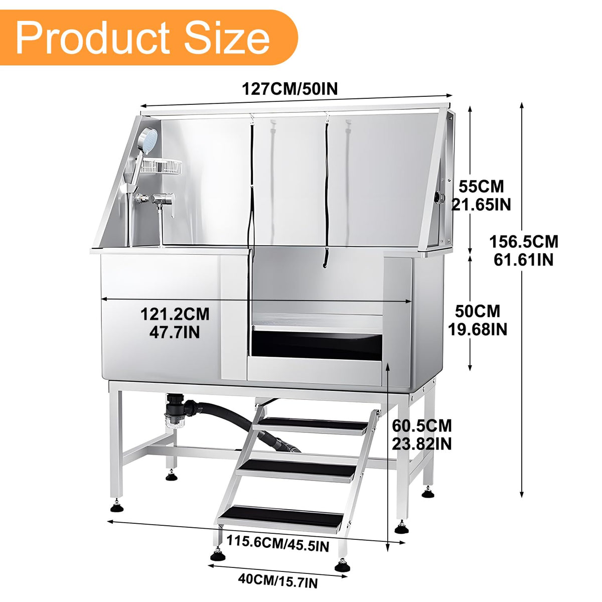 Stainless Steel 304 Dog Grooming Tub with Stairs and Faucet H13910