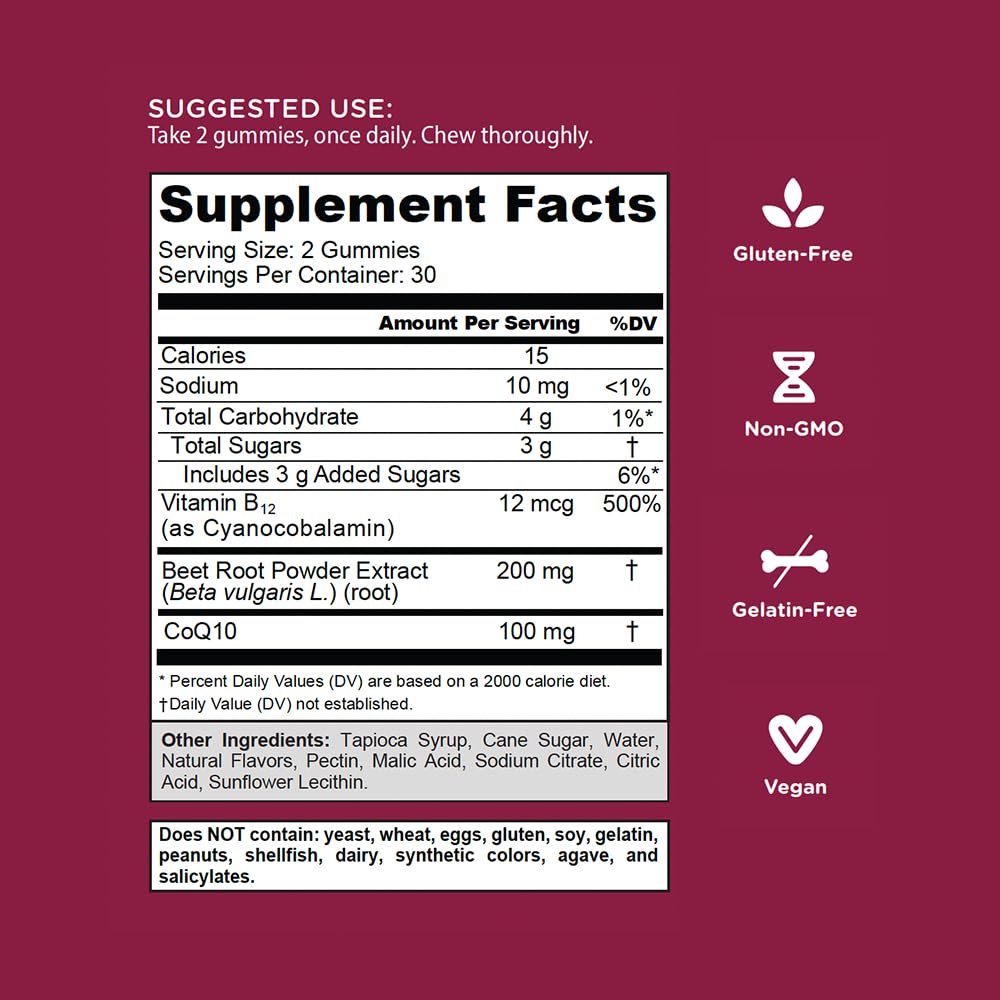 Beets Cardio Gummy 60 Count CoQ10 Beet Root Extract Vegan Gluten-Free R492404