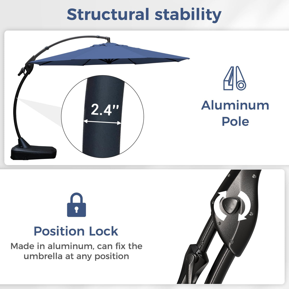 12FT Cantilever Round Umbrella with Base & Cover Navy Blue L49439