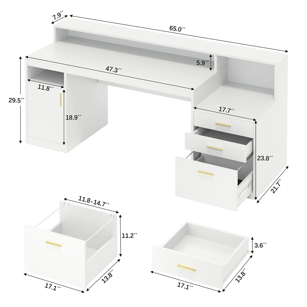 65" White Computer Desk with 3 Drawers J442