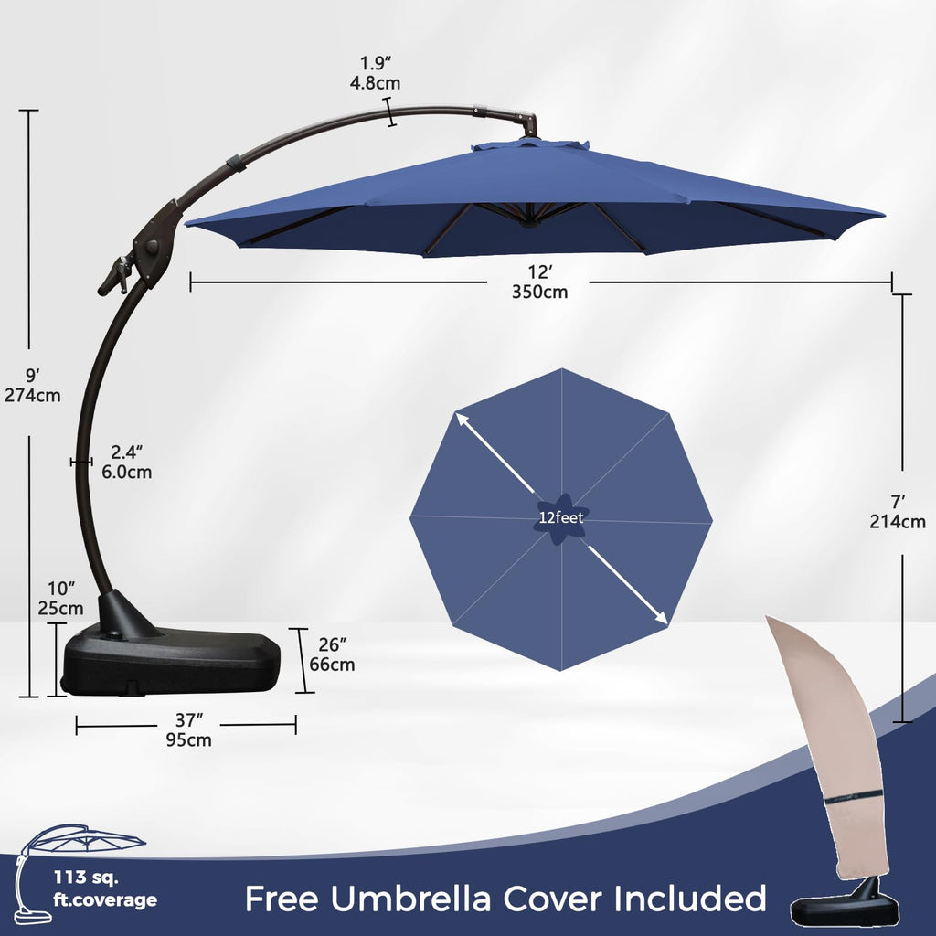 12FT Cantilever Round Umbrella with Base & Cover Navy Blue L49439