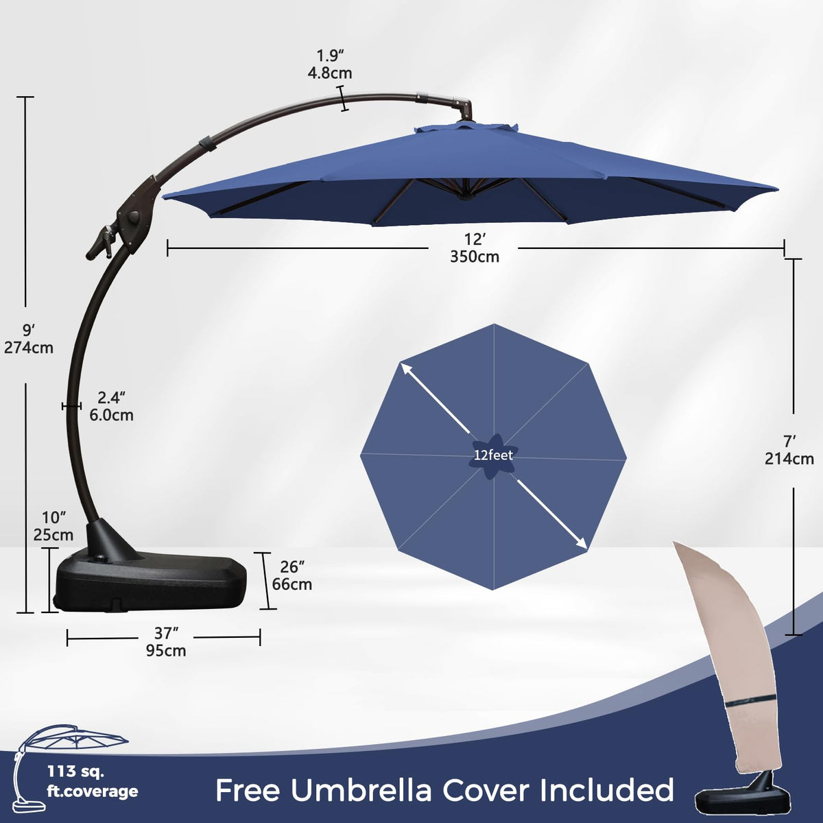 12FT Cantilever Round Umbrella with Base & Cover Navy Blue L49439