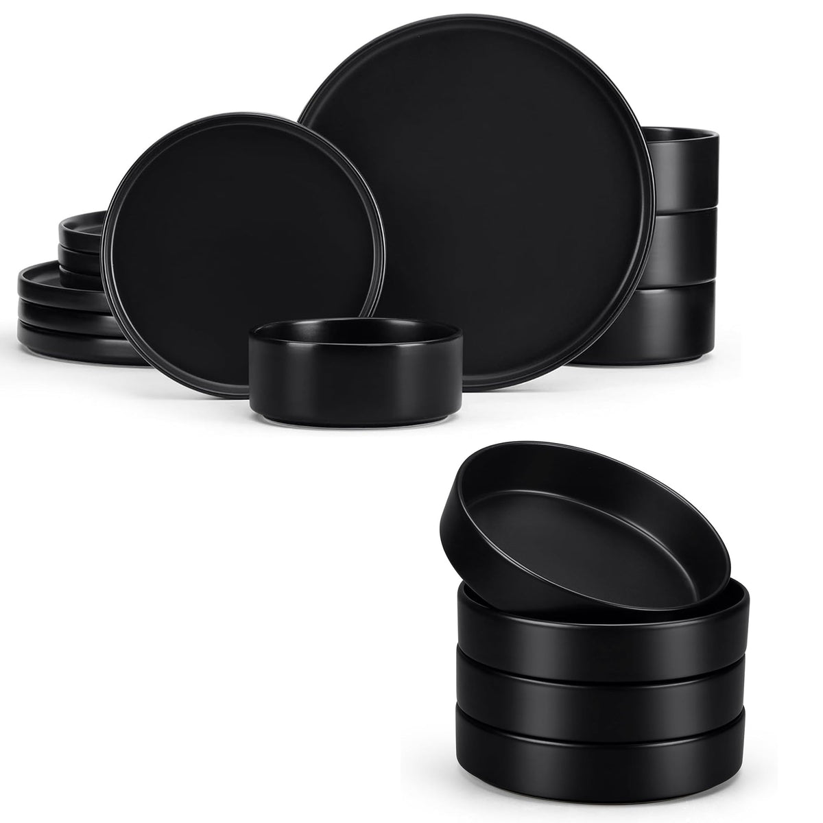Stoneware Dinnerware Set, 12-Piece Plates and Bowls, Set of 4, Matte Black I7466