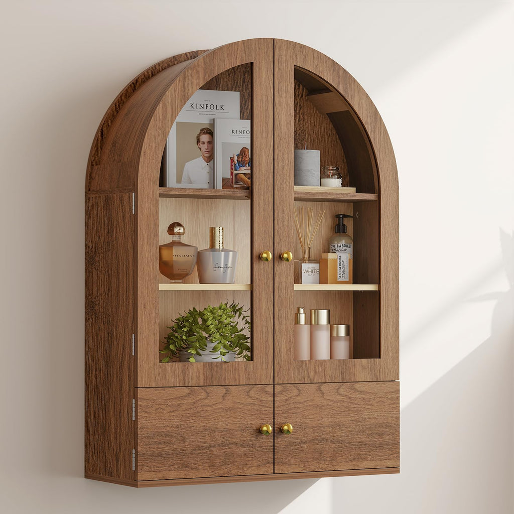 Arched Wall Cabinet with Glass Doors and Adjustable Shelves O7774