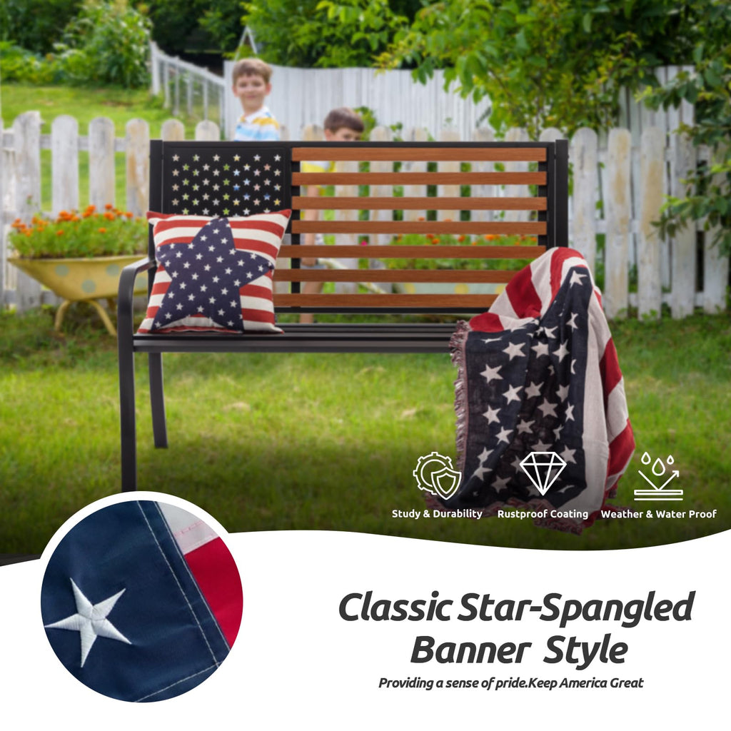 50” Outdoor Garden Bench with Flag Style Cast Iron Metal Frame Z580092
