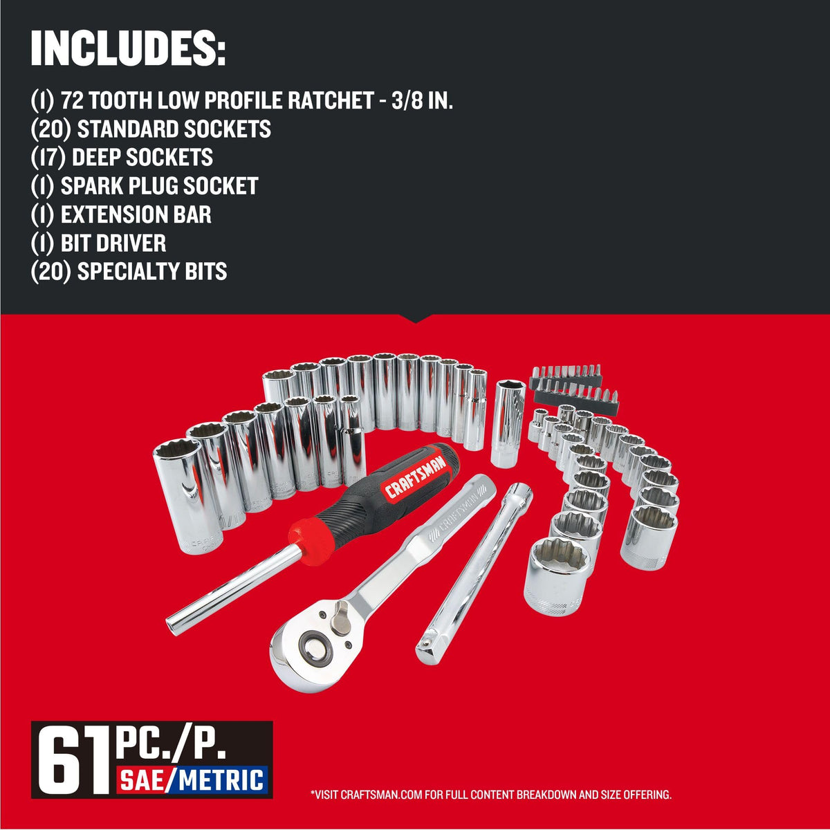 Mechanics Tool Set, 3/8 Inch Drive, 61 Piece B3139