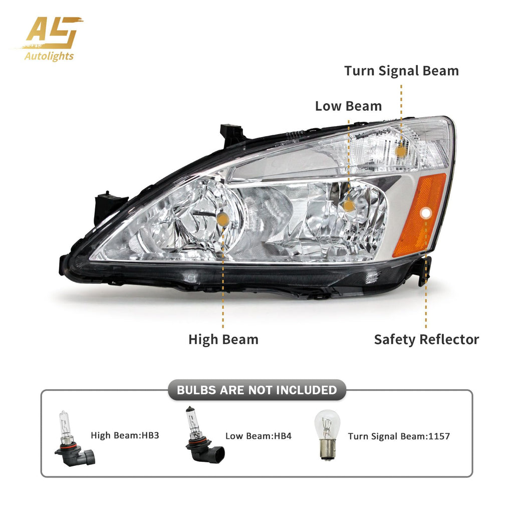 Headlight Assembly for 2003-2007 Honda Accord Chrome Housing Amber Reflector Pair E3317