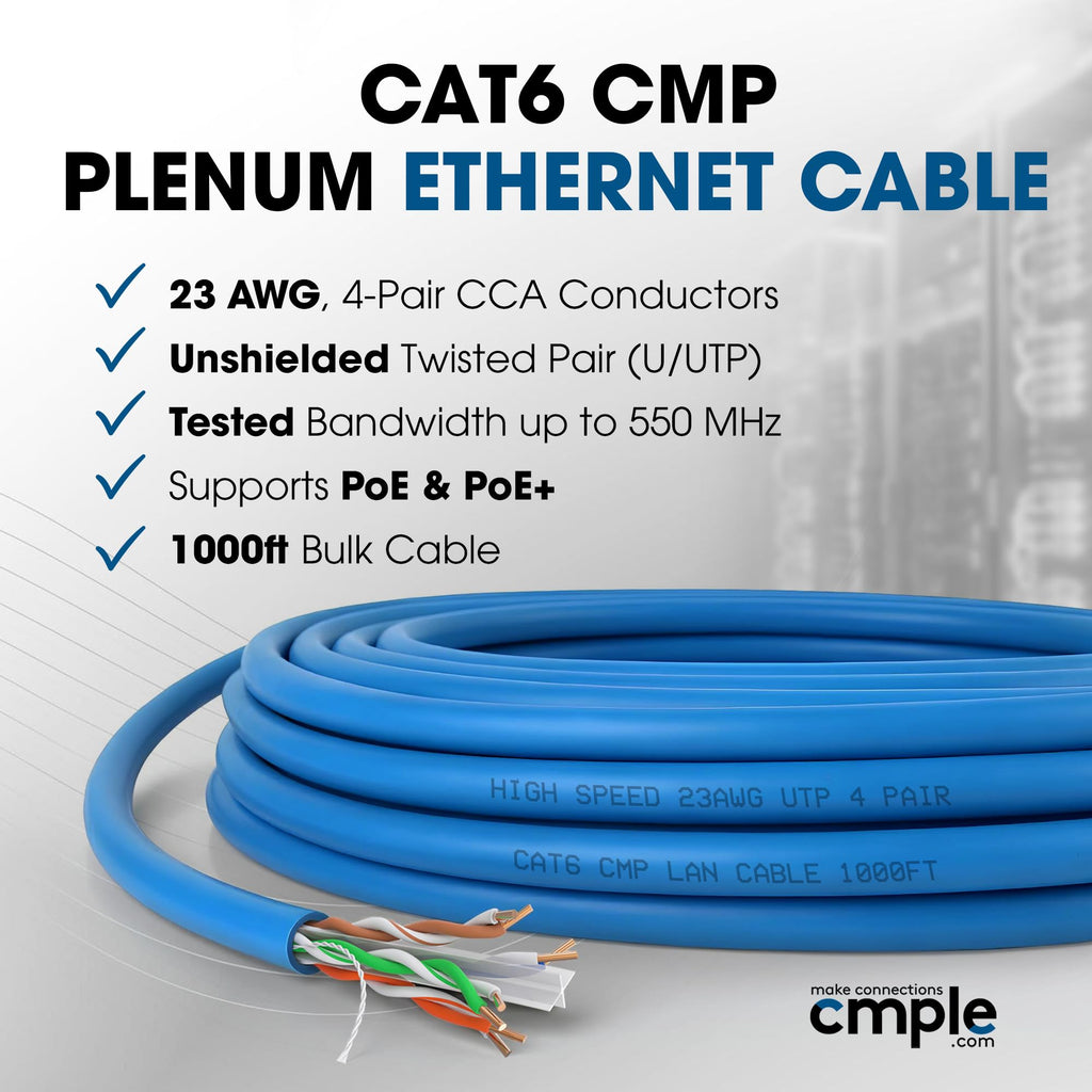 Cat6 Plenum CMP 23AWG UTP Solid 1000ft Blue Ethernet Cable M2285