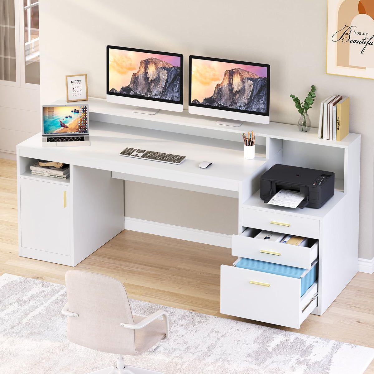 65" White Computer Desk with 3 Drawers J442