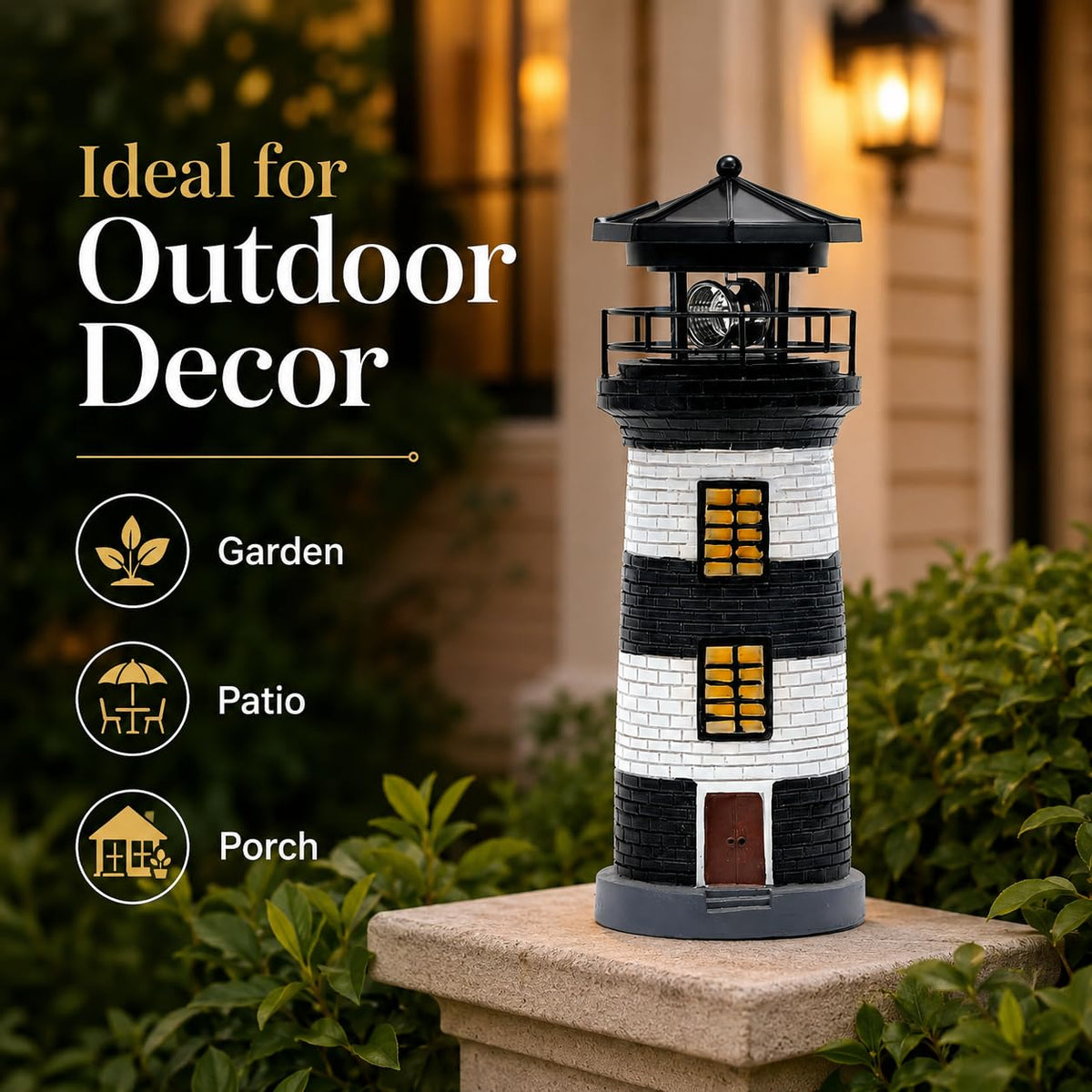 Solar Lighthouse Garden Light, Resin Outdoor Lighthouse Ornament with Rotating LED Beacon U23816