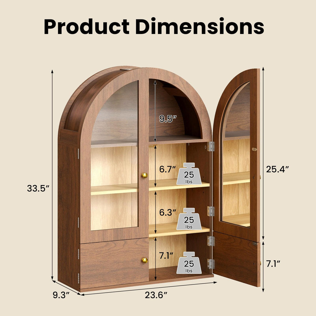 Arched Wall Cabinet with Glass Doors and Adjustable Shelves O7774