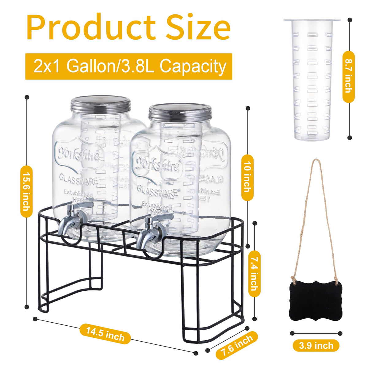 1 Gallon Glass Beverage Dispenser Set of 2 with Stand & Fruit Infuser D997