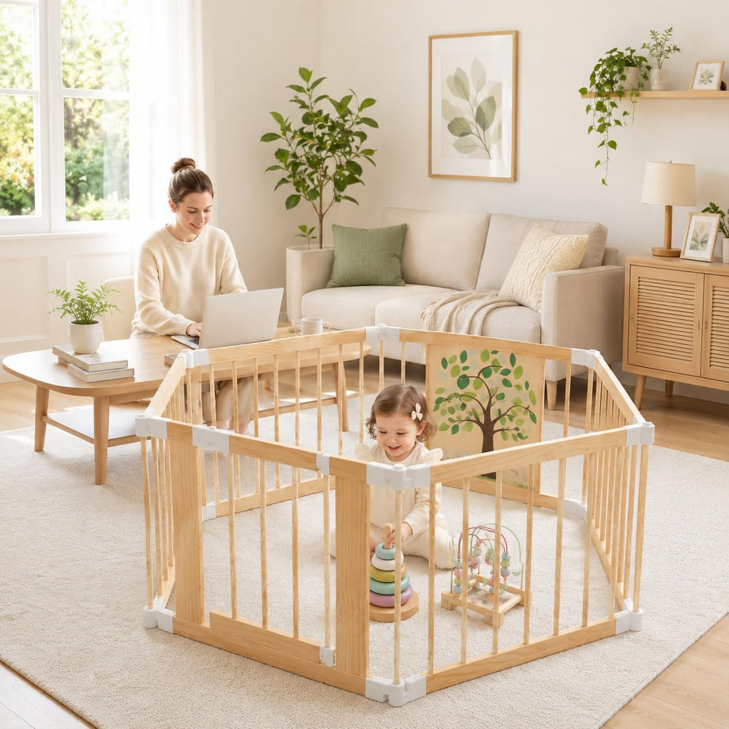 Foldable Wooden Baby Playpen with Adjustable Size and Shape C733