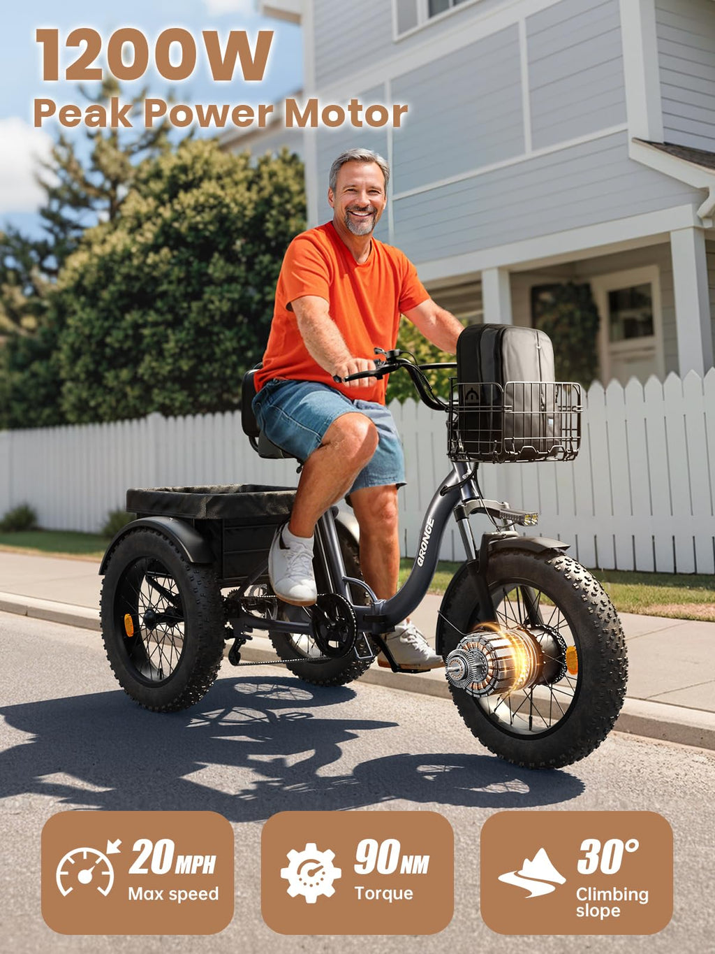Electric Tricycle for Adults 1200W 36V 20AH Fat Tire Folding Y351
