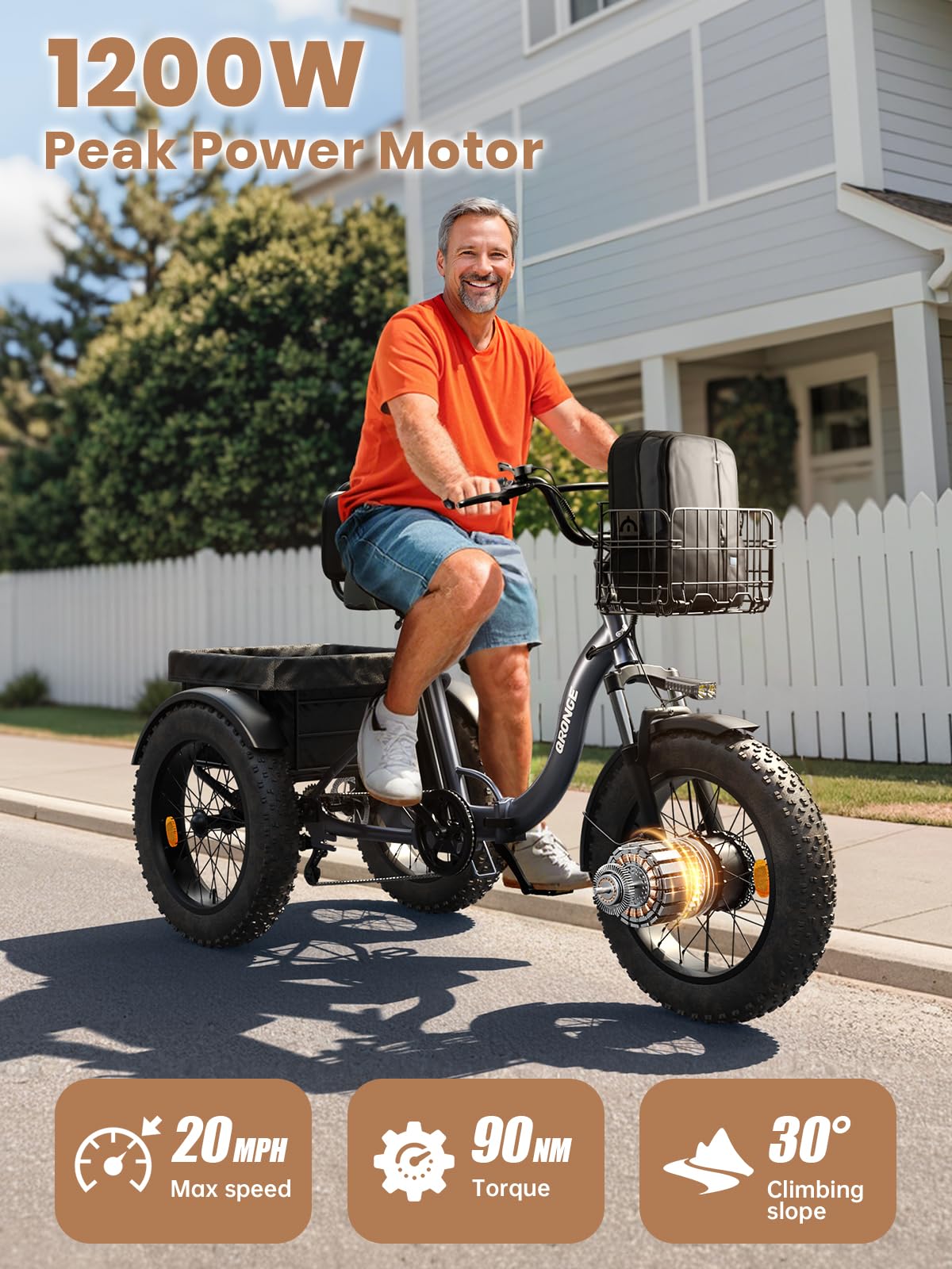 Electric Tricycle for Adults 1200W 36V 20AH Fat Tire Folding Y351