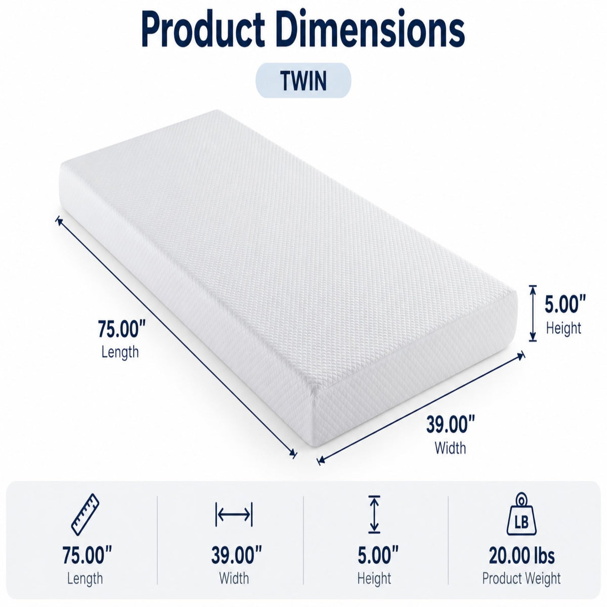 5 Inch Twin Size White Gel Memory Foam J24070