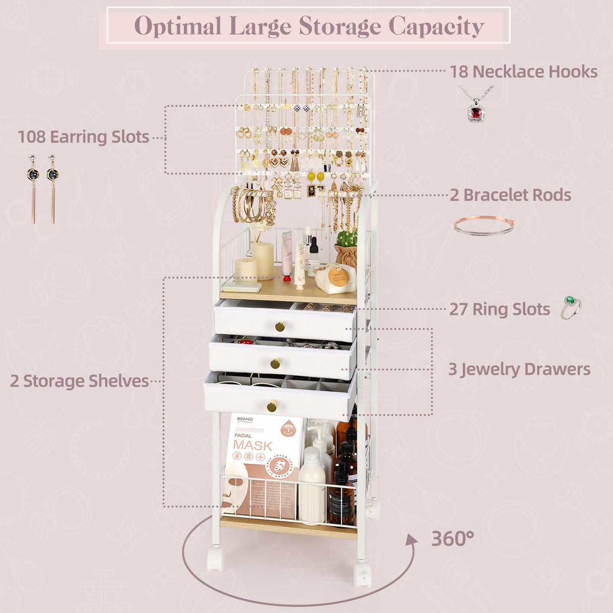 Large White 3 Drawer Floor Jewelry Organizer Stand Z4530