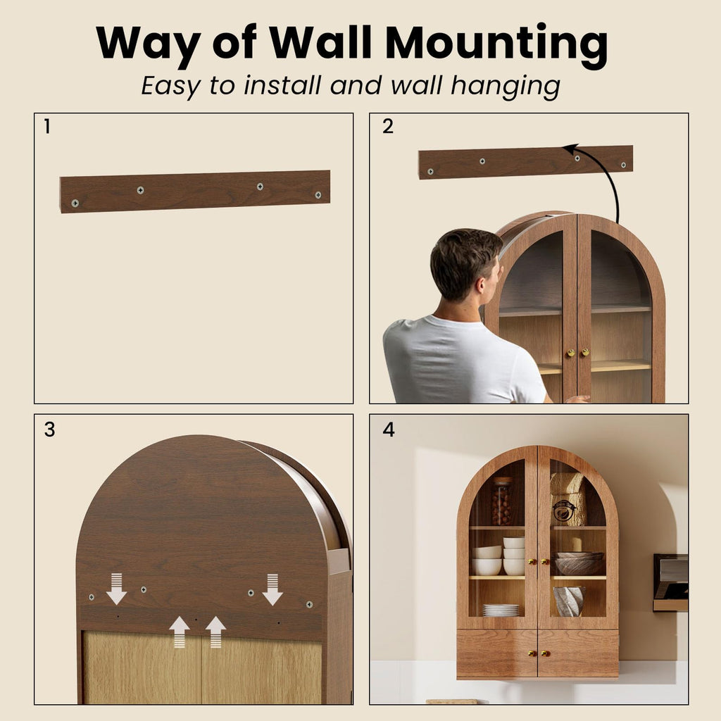 Arched Wall Cabinet with Glass Doors and Adjustable Shelves O7774