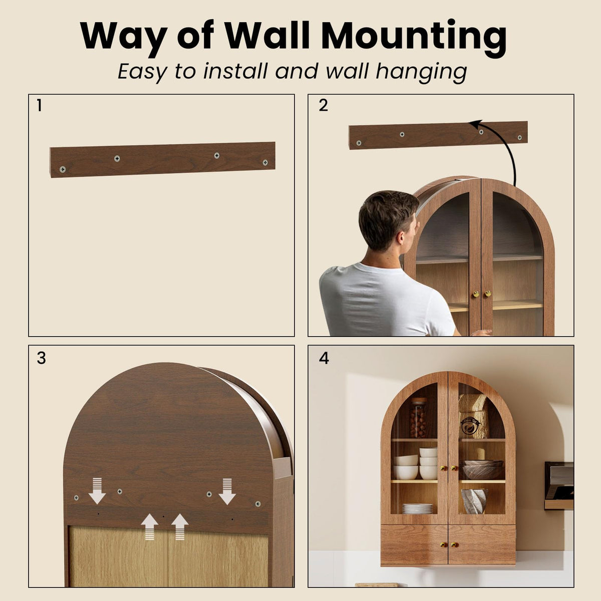 Arched Wall Cabinet with Glass Doors and Adjustable Shelves O7774