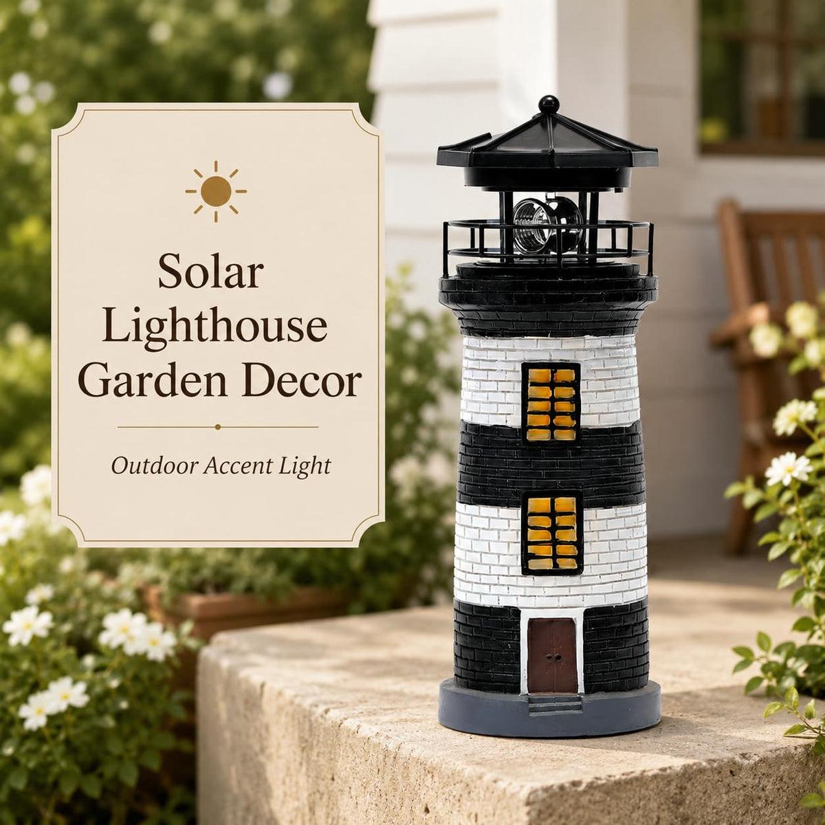 Solar Lighthouse Garden Light, Resin Outdoor Lighthouse Ornament with Rotating LED Beacon U23816