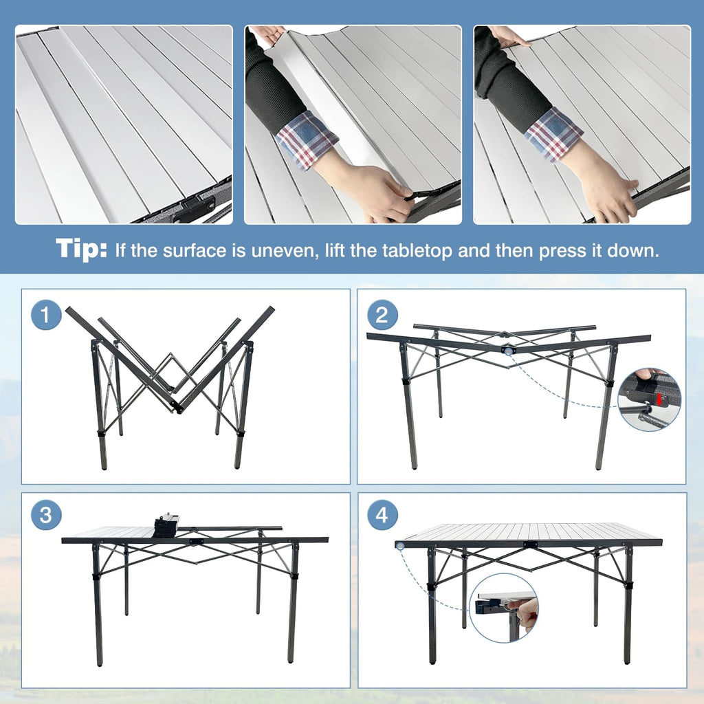 29.9" Tall Folding Camping Table for 2-6 Person, 54.7" Large Aluminum Foldable Roll-up Table Outdoor with Carry Bag for Picnic, Camp, Sturdy, Backyard, Patio J2155