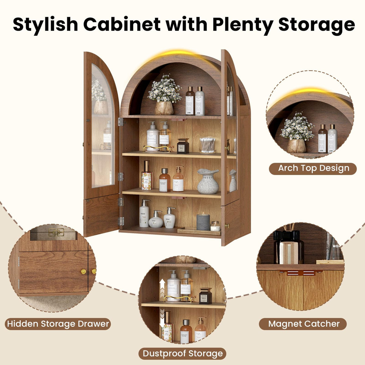 Arched Wall Cabinet with Glass Doors and Adjustable Shelves O7774