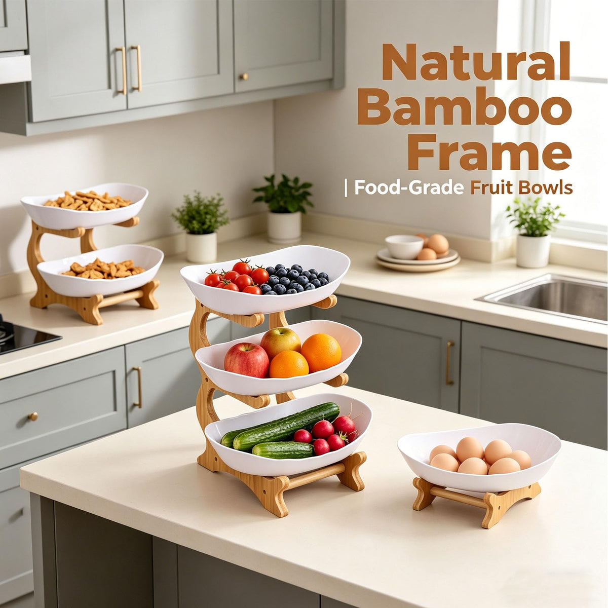 3 Tier Oval Fruit Basket with Bamboo Stand O54685