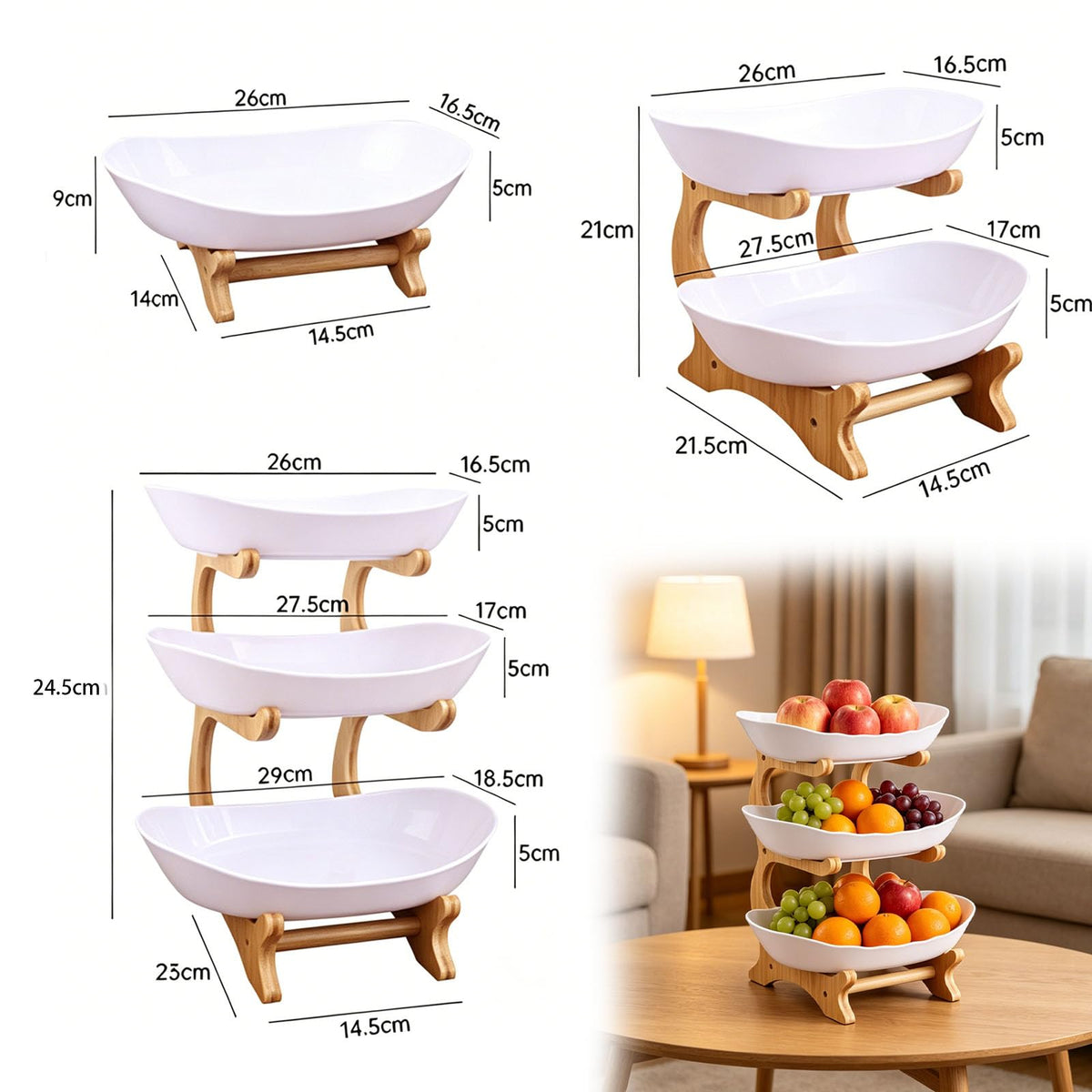 3 Tier Oval Fruit Basket with Bamboo Stand O54685