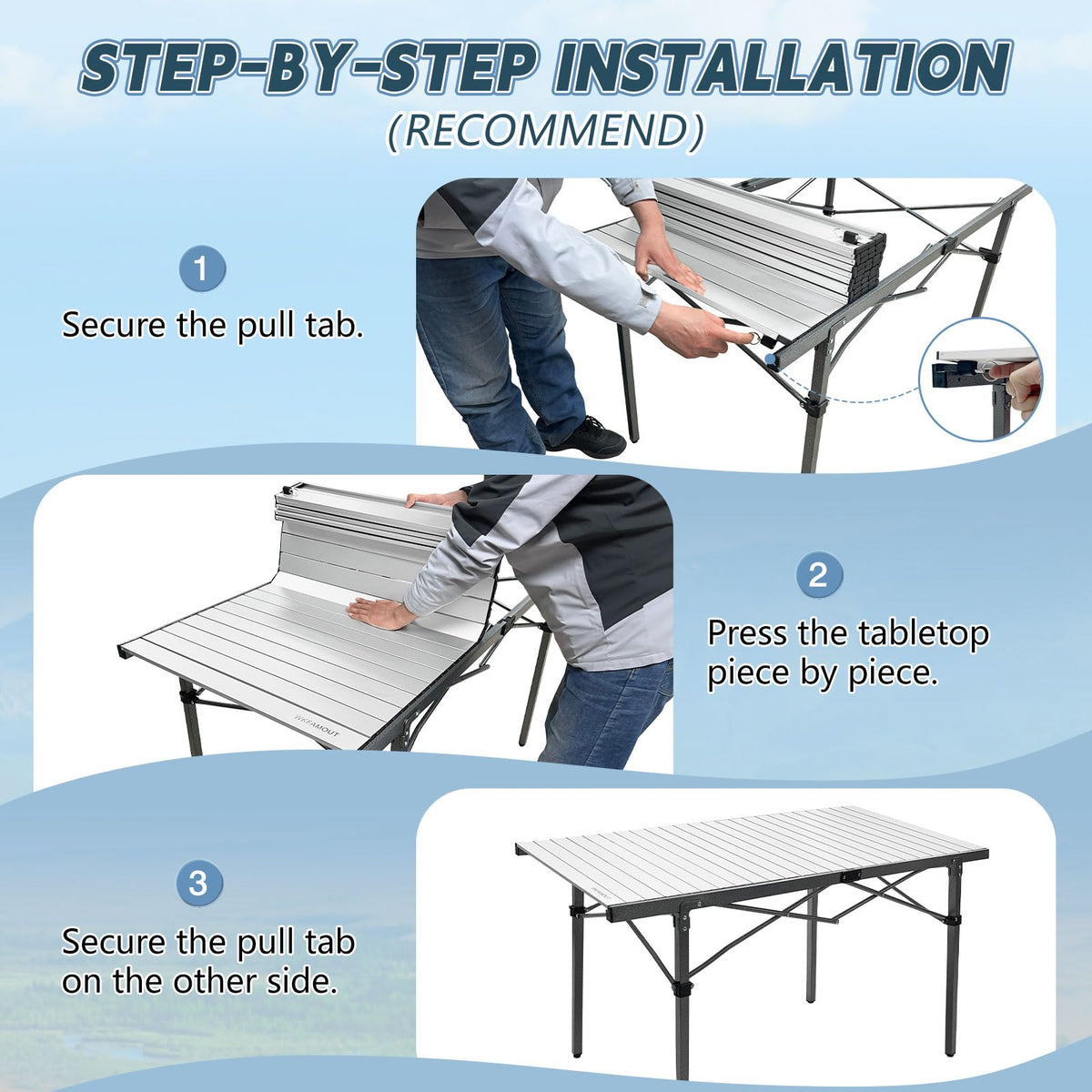 29.9" Tall Folding Camping Table for 2-6 Person, 54.7" Large Aluminum Foldable Roll-up Table Outdoor with Carry Bag for Picnic, Camp, Sturdy, Backyard, Patio J2155