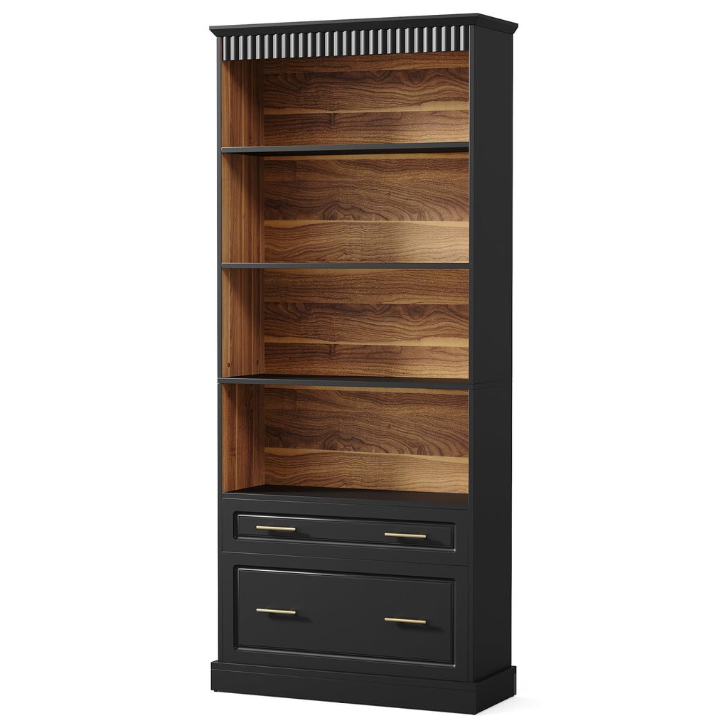 72" Tall Black 5-Tier Bookcase with 2 Drawers S53761