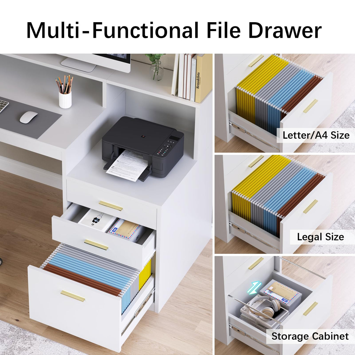 65" White Computer Desk with 3 Drawers J442