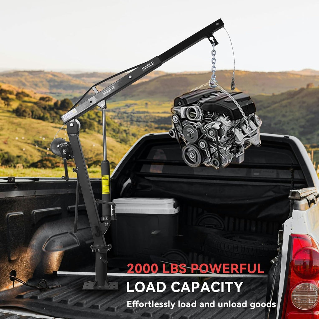 Hydraulic Pickup Truck Crane with Hand Winch, 2000 lb Capacity, 360° Rotation, Black N652
