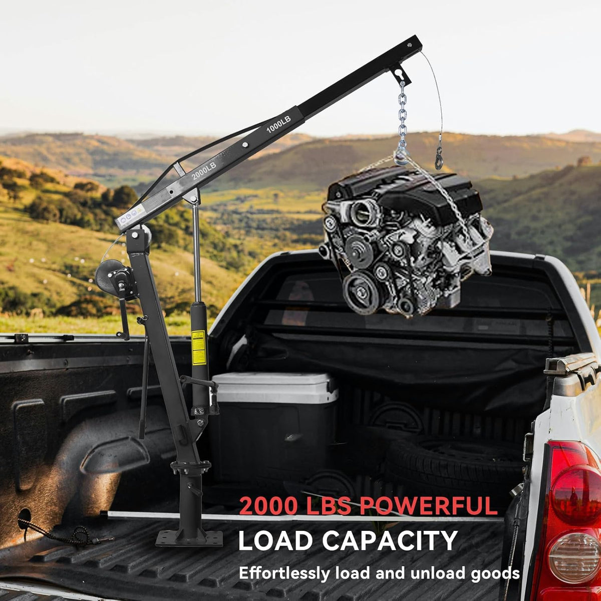 Hydraulic Pickup Truck Crane with Hand Winch, 2000 lb Capacity, 360° Rotation, Black N652