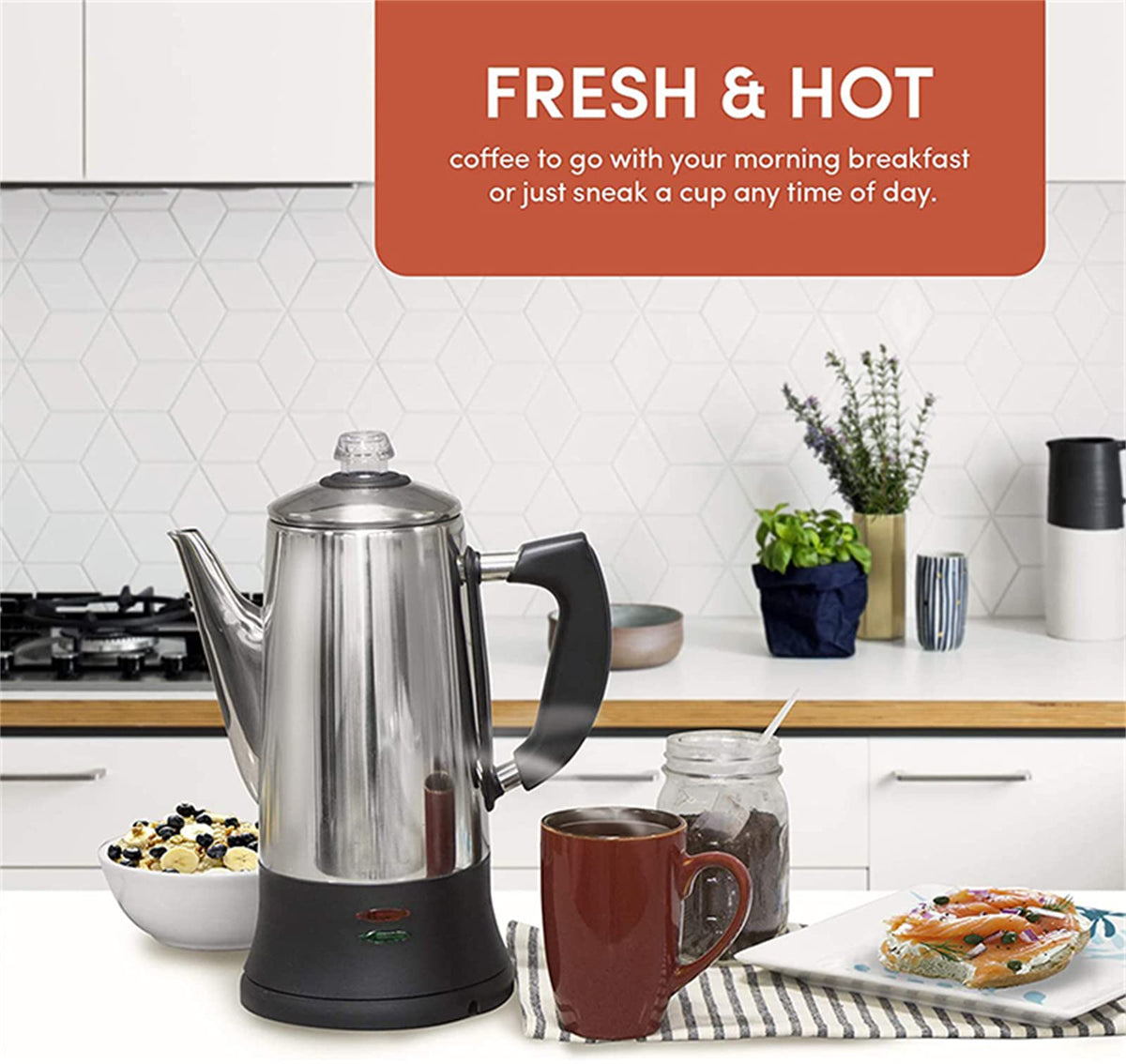 Electric Percolator Coffee Pot Stainless Steel 12 Cup I5978