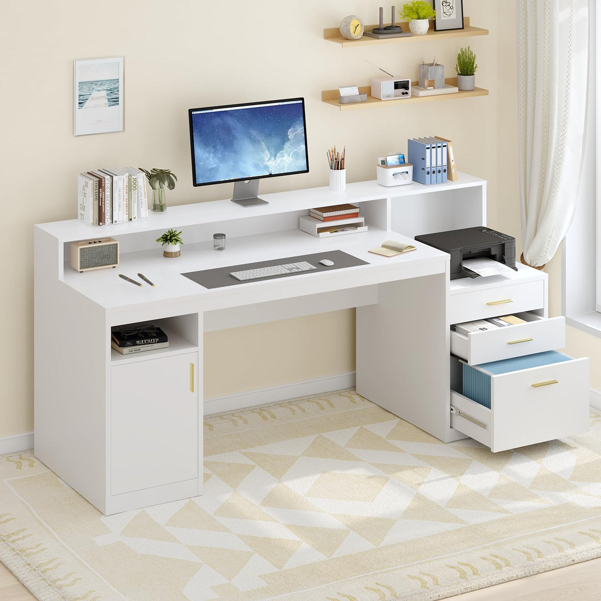 65" White Computer Desk with 3 Drawers J442