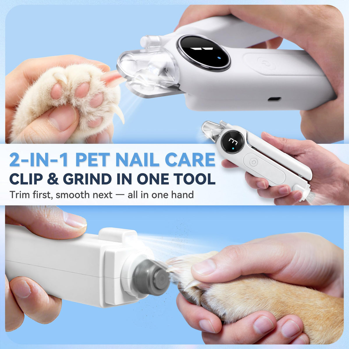 2-in-1 Quiet Electric Pet Nail Clipper & Grinder with Light T7696