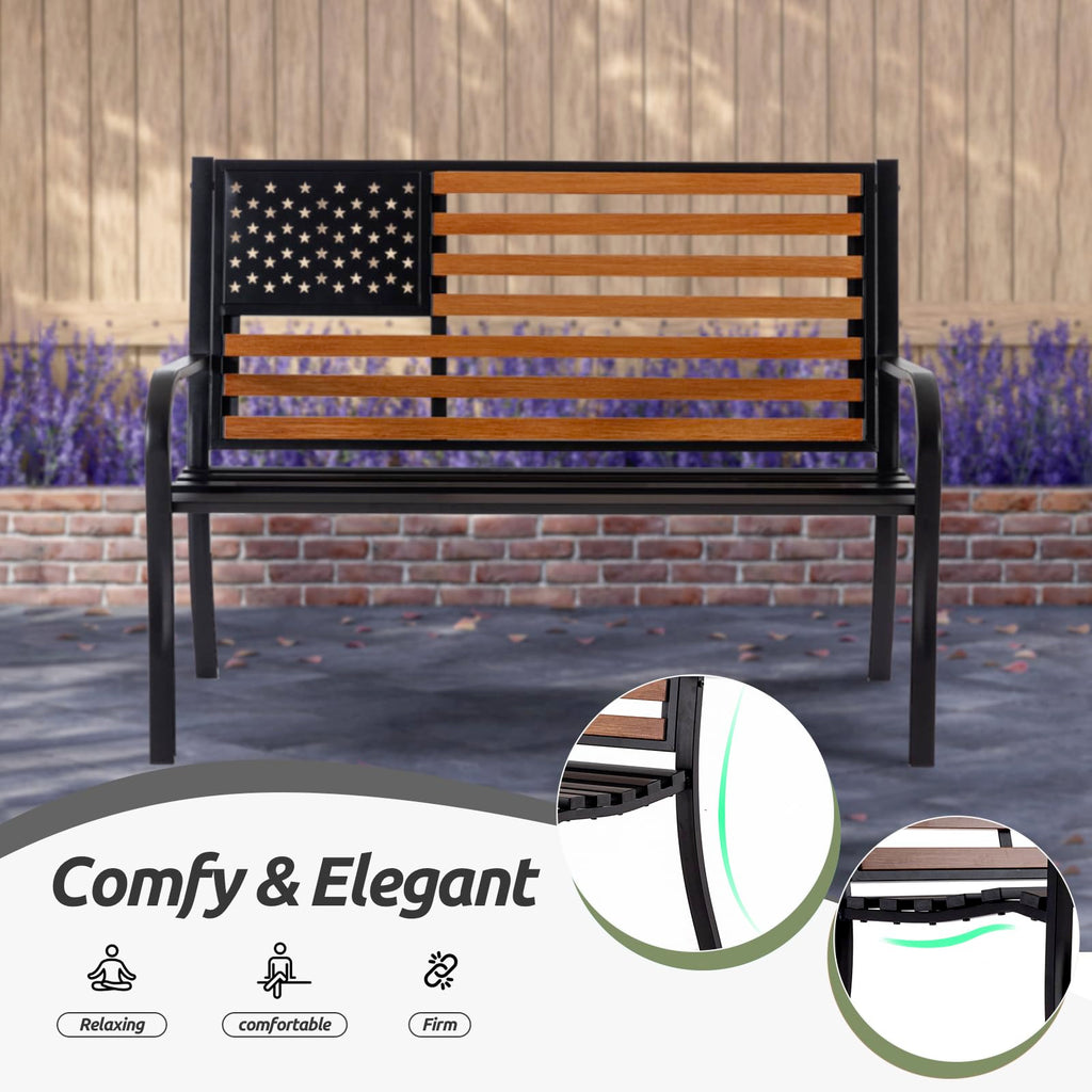 50” Outdoor Garden Bench with Flag Style Cast Iron Metal Frame Z580092