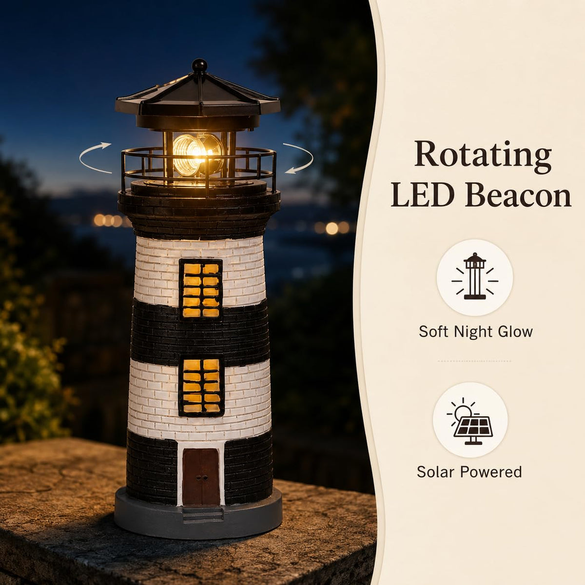 Solar Lighthouse Garden Light, Resin Outdoor Lighthouse Ornament with Rotating LED Beacon U23816