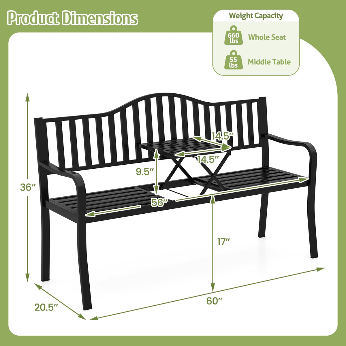 60” Metal Outdoor Garden Park Bench C14983