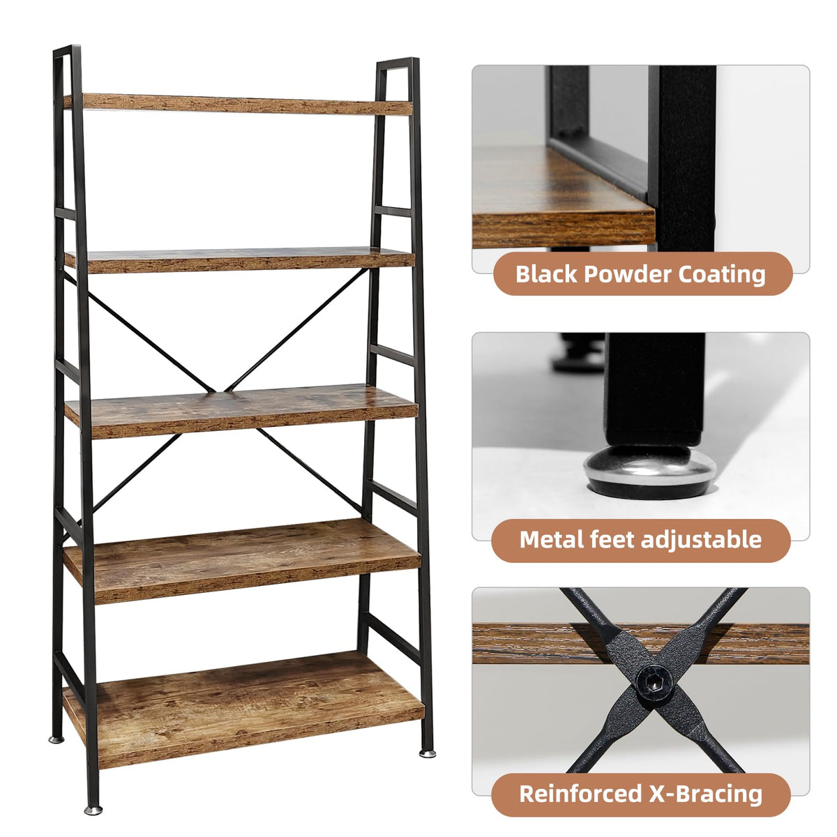 5 Tier Rustic Brown Wood and Metal Bookshelf N10044