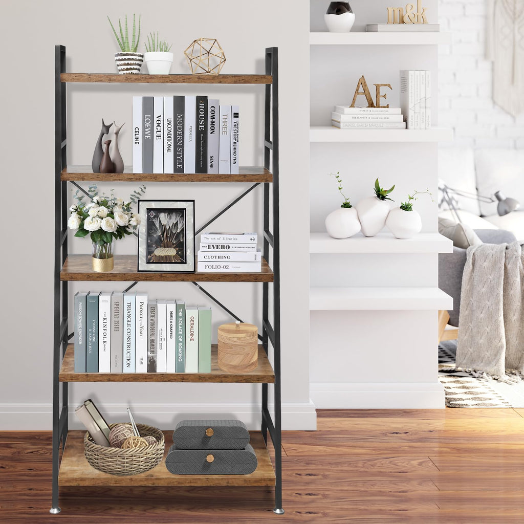 5 Tier Rustic Brown Wood and Metal Bookshelf N10044