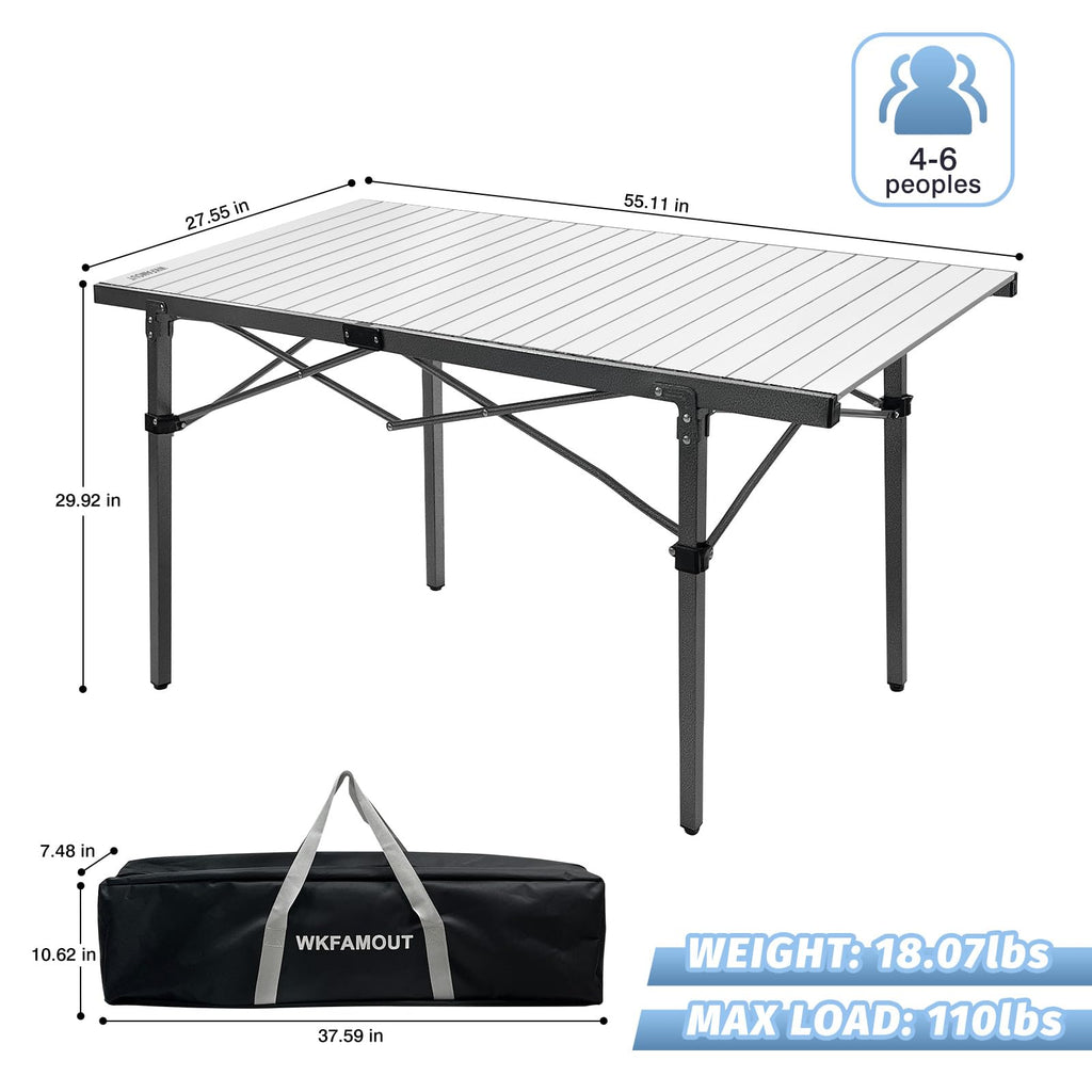 29.9" Tall Folding Camping Table for 2-6 Person, 54.7" Large Aluminum Foldable Roll-up Table Outdoor with Carry Bag for Picnic, Camp, Sturdy, Backyard, Patio J2155
