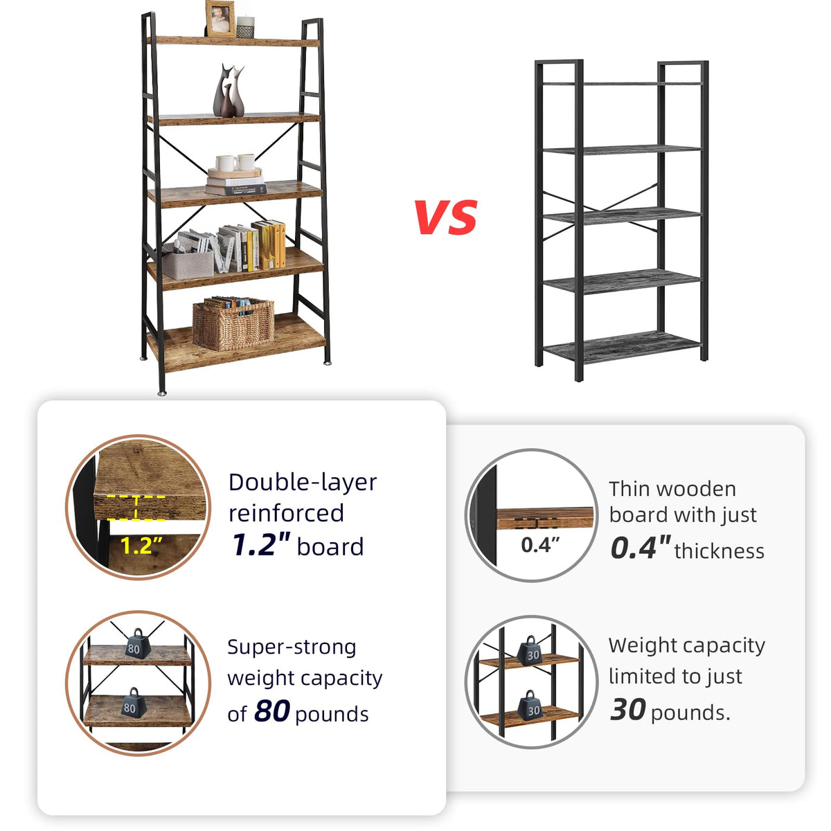5 Tier Rustic Brown Wood and Metal Bookshelf N10044