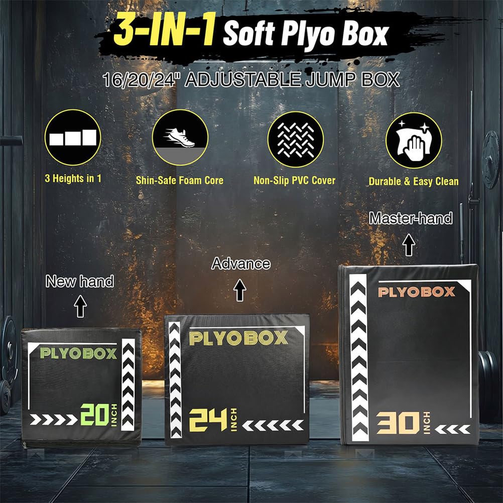 3-in-1 Foam Plyometric Jump Box, 20/24/30 Inch Plyo Box with Non-Slip PVC Cover O718876