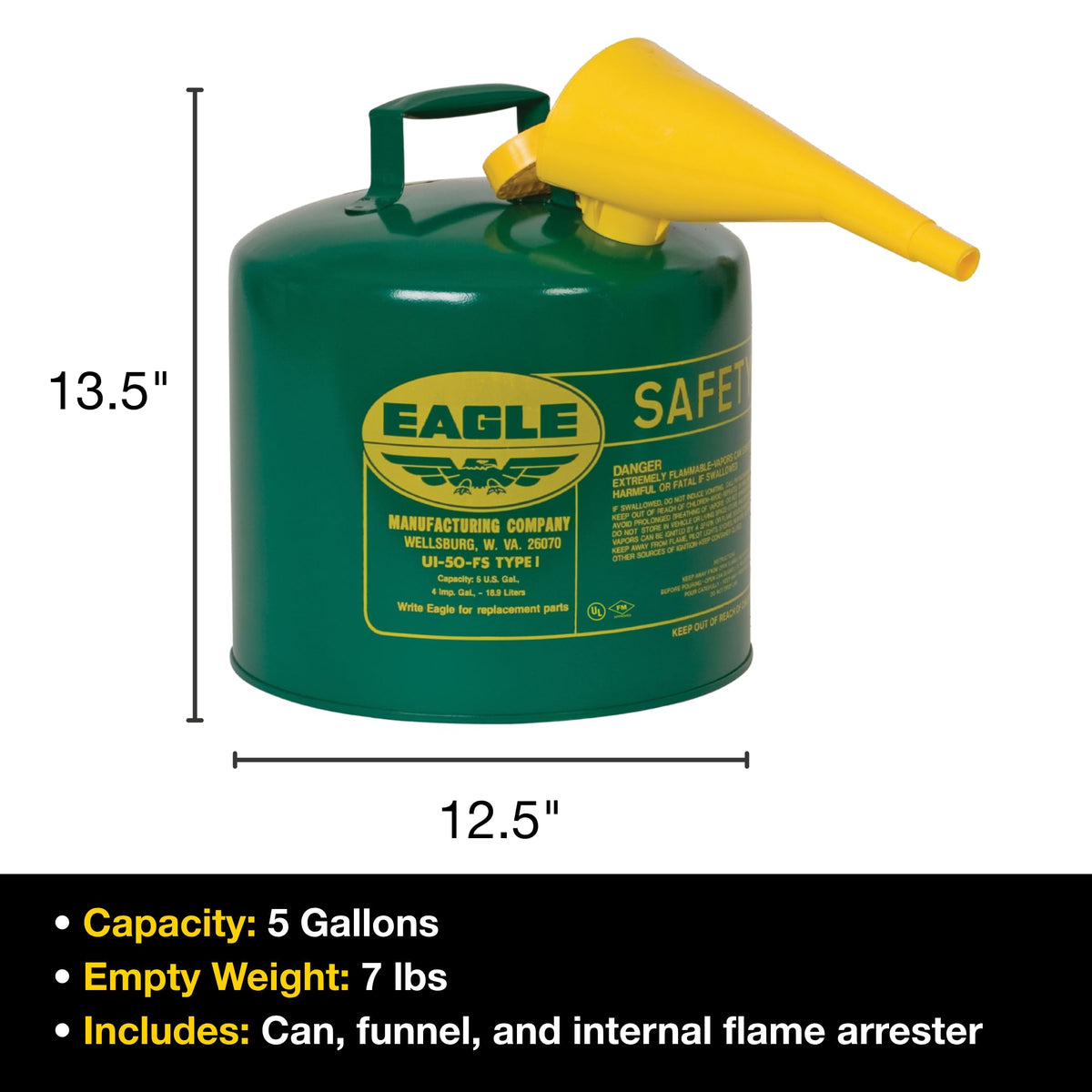 5 Gallon Type I Green Safety Gas Can Z837