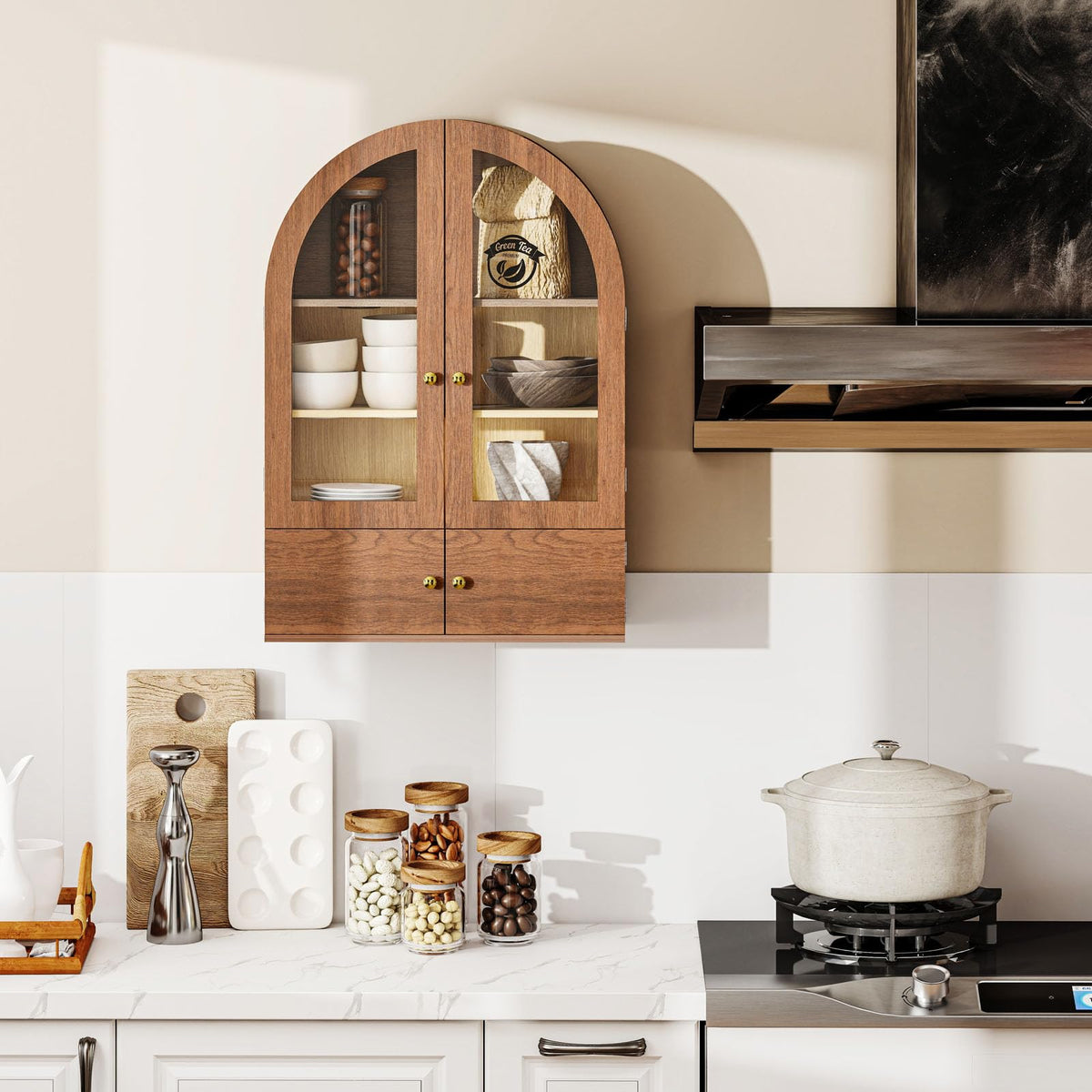 Arched Wall Cabinet with Glass Doors and Adjustable Shelves O7774