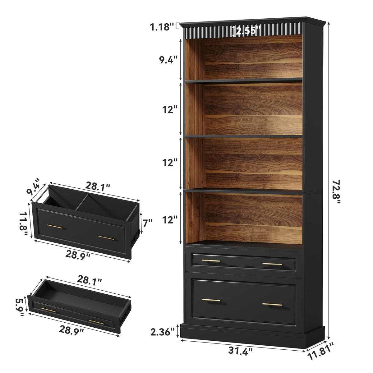 72" Tall Black 5-Tier Bookcase with 2 Drawers S53761
