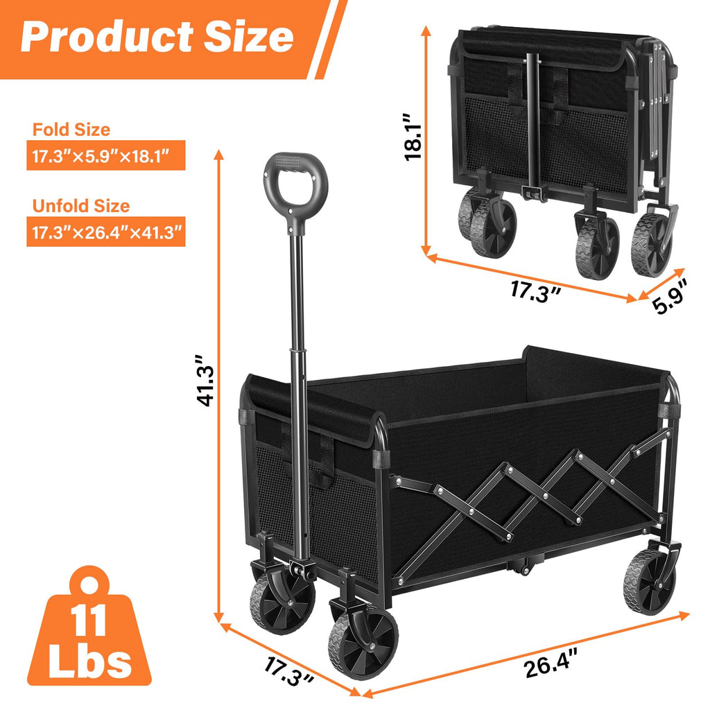 Foldable Collapsible Wagon Cart with Wheels, 280 lbs Heavy Duty Capacity, Graphite Black Q4326