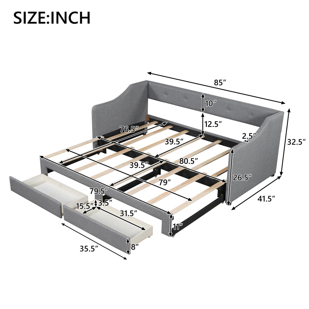Upholstered Twin XL to King Size Daybed with Pop Up Trundle H51718